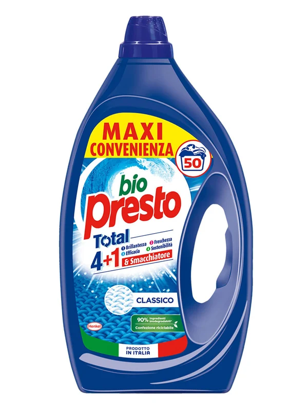 Bio Presto Detersivo Liquido Lavatrice 50 Lavaggi | Formula Extra Smacchiante | Efficace a Freddo | Classico, Color, Igiene e Freschezza | 2250 ml