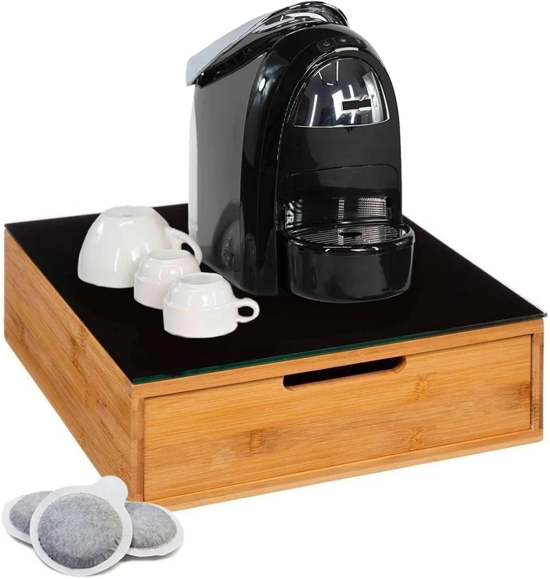 Casa Milano Porta Capsule Caffè in Bambù con Cassetto & Ripiano in Vetro - Organizer Salvaspazio