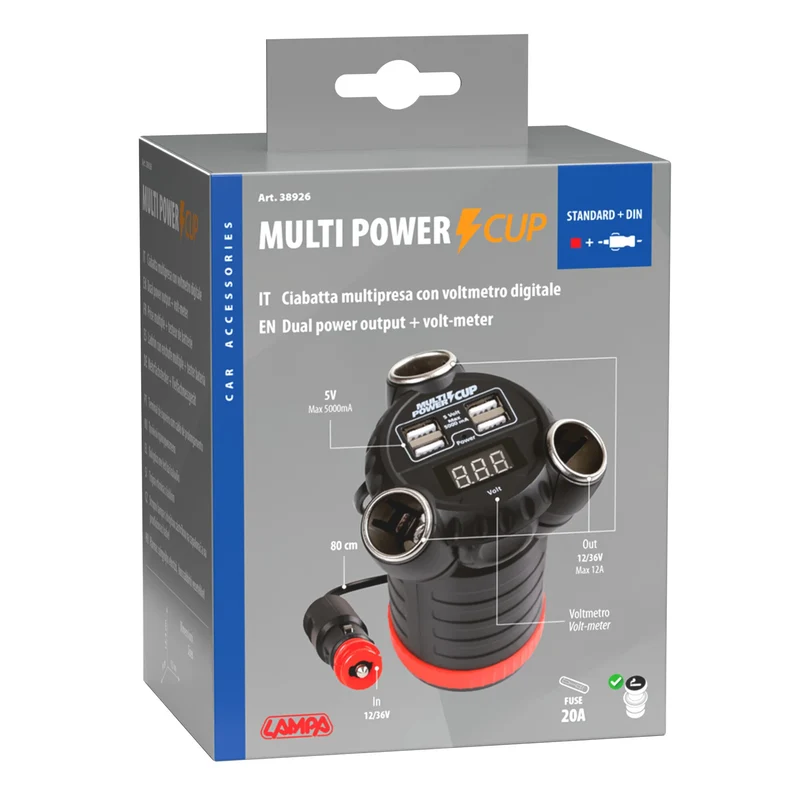 Multi-Power Cup, 3 prese accendisigari + 4 USB e voltmetro, 12/24/36V