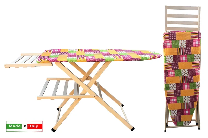 FRASM Asse da Stiro in Legno di Rovere Naturale 115x43 cm | Piano Forato Traspirante | Completa di Portacaldaia e Mensola Portabiancheria | Made in Italy