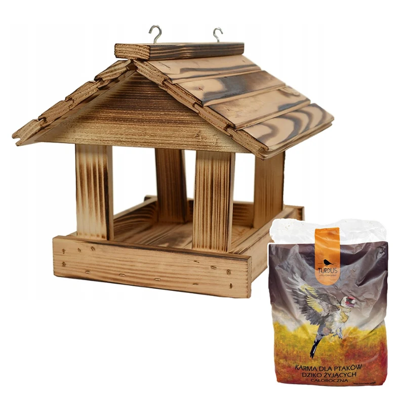 Mangiatoia per uccelli Woodok, legno di abete rosso, cotto, ganci robusti + semi per uccelli 1kg