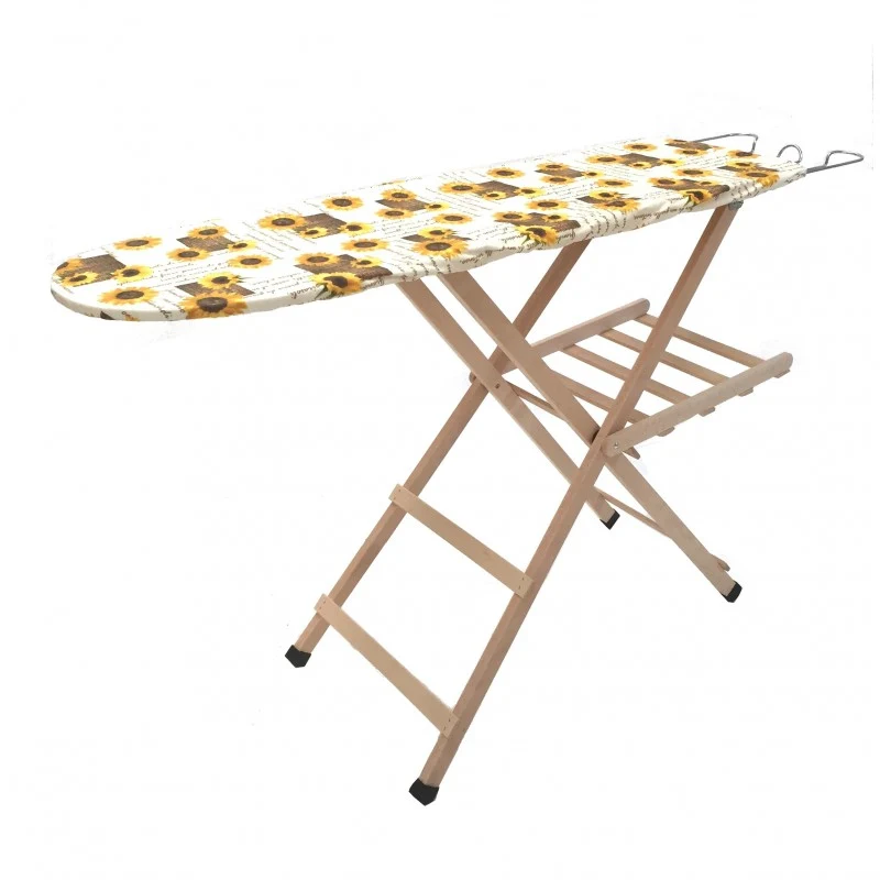 Meeting Giotto Asse da Stiro in Legno di Faggio Massiccio | Piano Idrorepellente 118x34 cm | Altezza Regolabile | Con Portabiancheria e Appoggiaferro Cromato