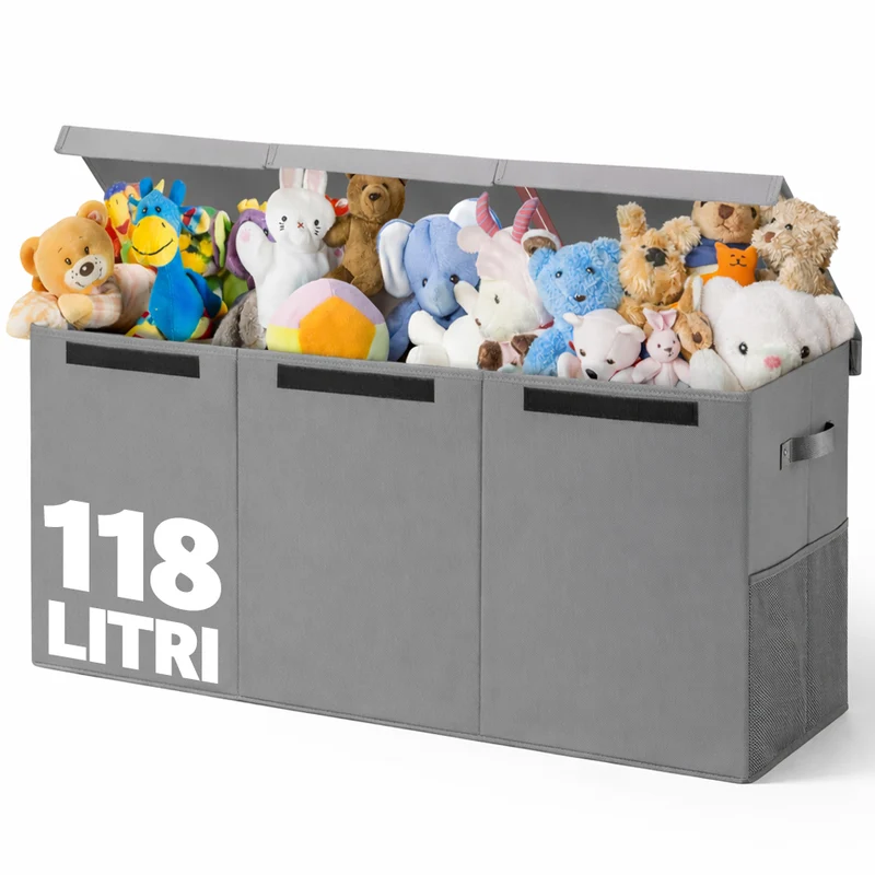 Contenitore Box 3 Scomparti Grigio Scatola Cesta Giocattoli Organizer Multiuso