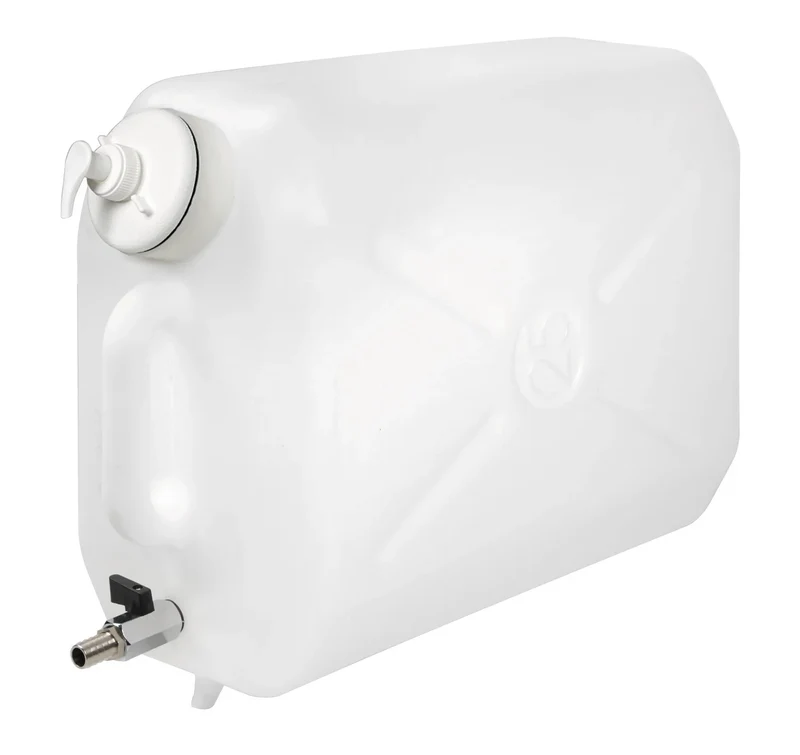 Tanica in plastica, con rubinetto in metallo e dispenser porta sapone - 25 L