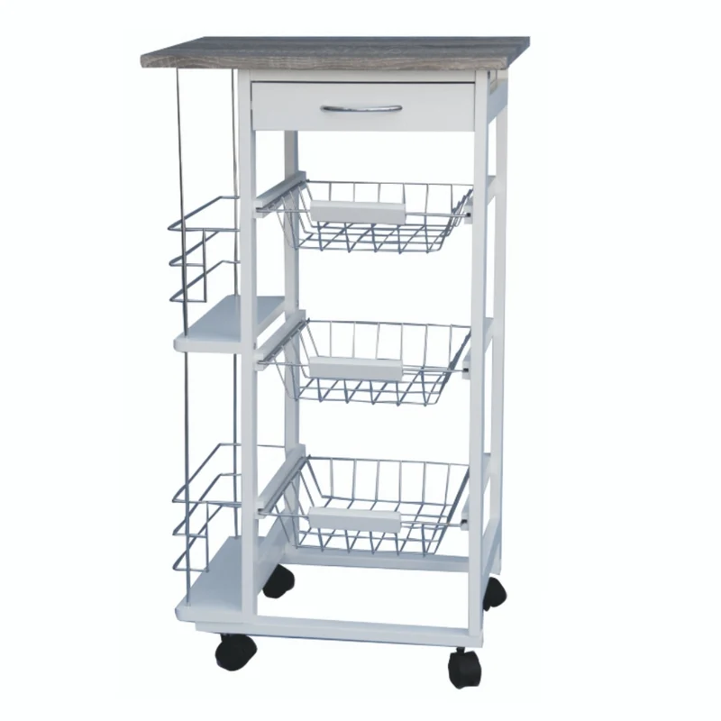 Carrello Cucina in Legno Multiuso Salvaspazio 3 Ripiani 1 Cassetto Portabottiglie