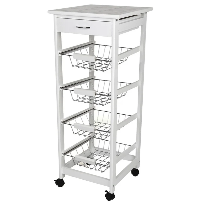 Carrello Cucina legno con Cassetto 4 Cestelli e Ripiano 9 Mattonelle in Ceramica
