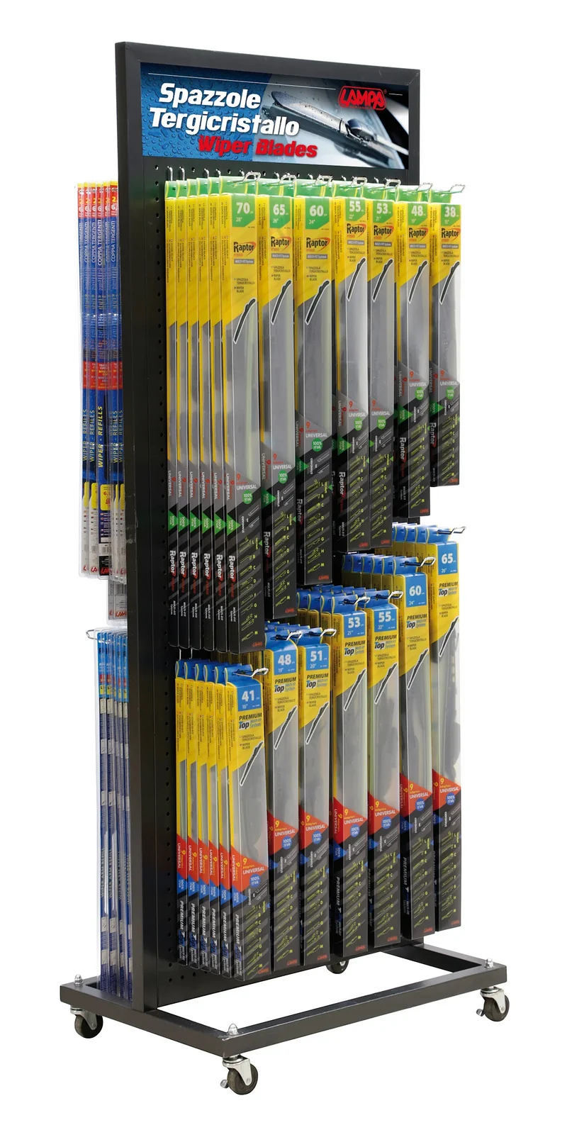 Carrello espositore con ruote spazzole tergicristallo