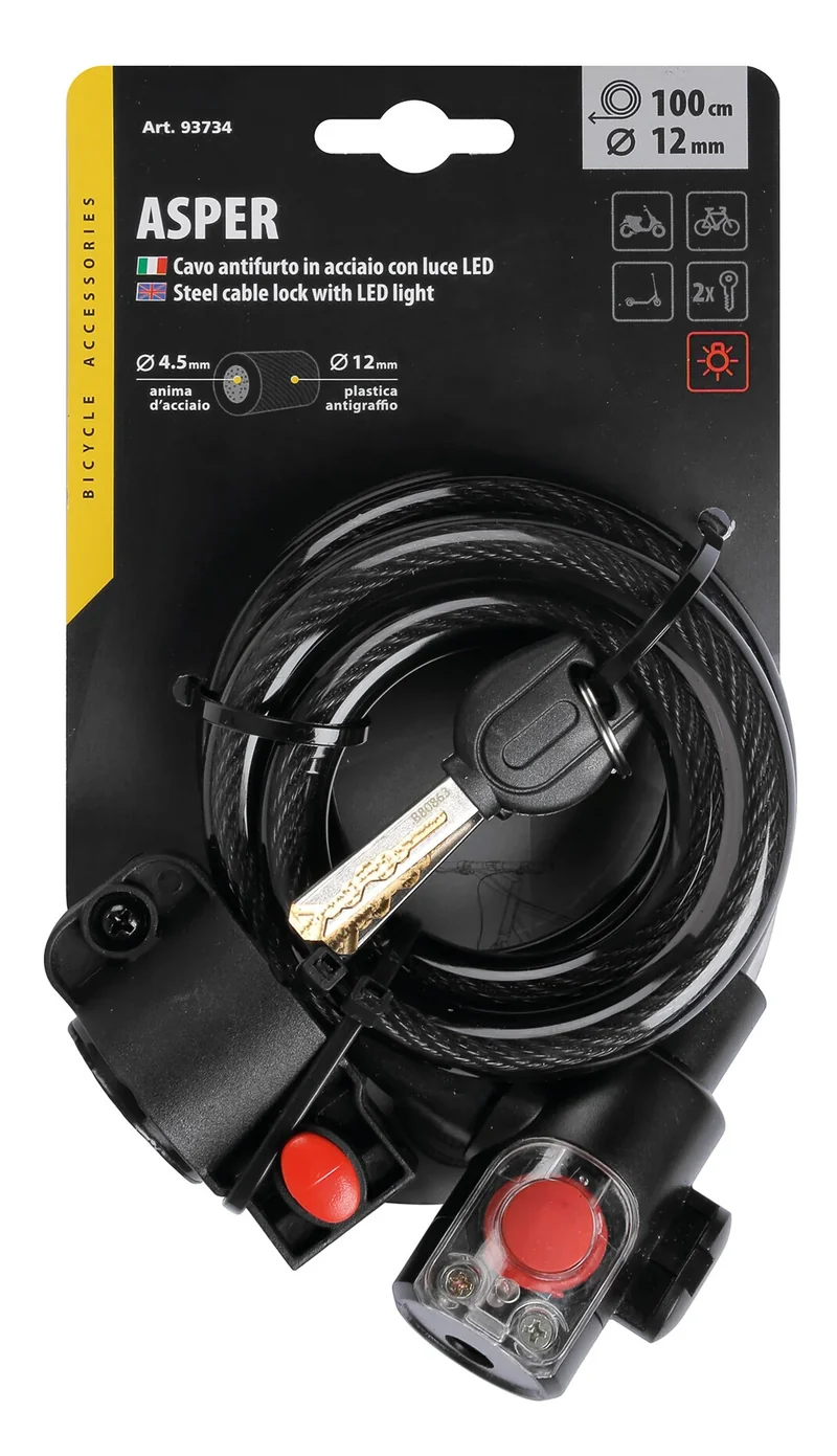 Asper, cavo antifurto in acciaio con luce Led - Ø 12 mm - 100 cm