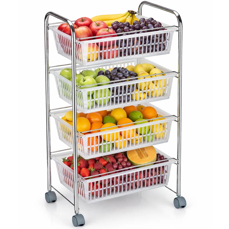 Carrello Portafrutta con 4 Cestelli in Plastica e Struttura Metallo 47x32x87cm