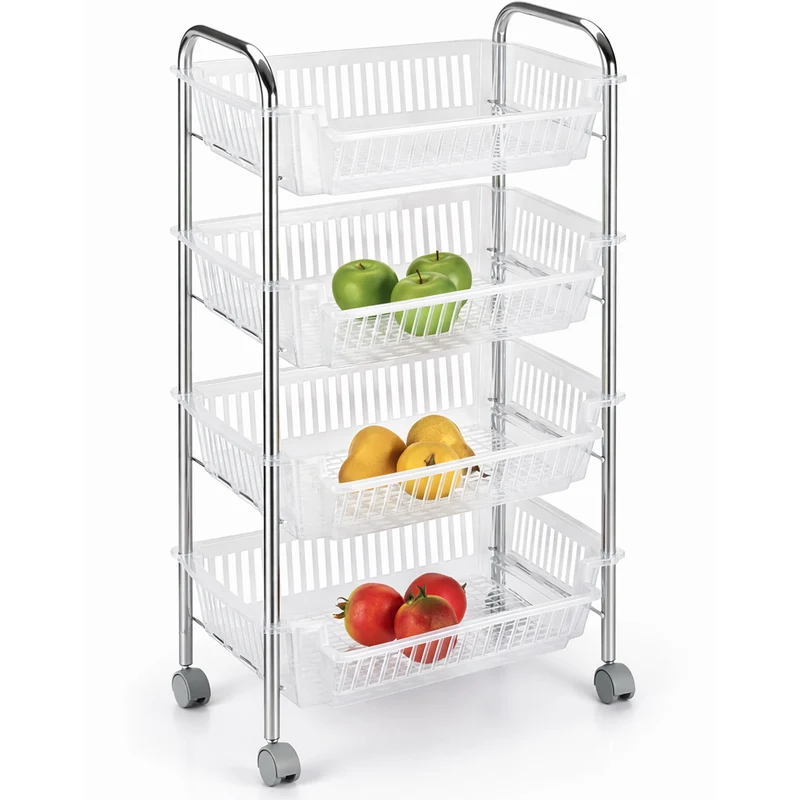 Carrello Portafrutta con 4 Cestelli Cestino in Plastica e Struttura in Metallo