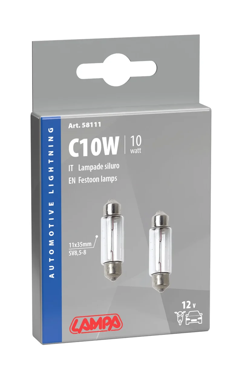12V Lampada siluro - C10W - 11x35 mm - 10W - SV8,5-8 - 2 pz - Scatola