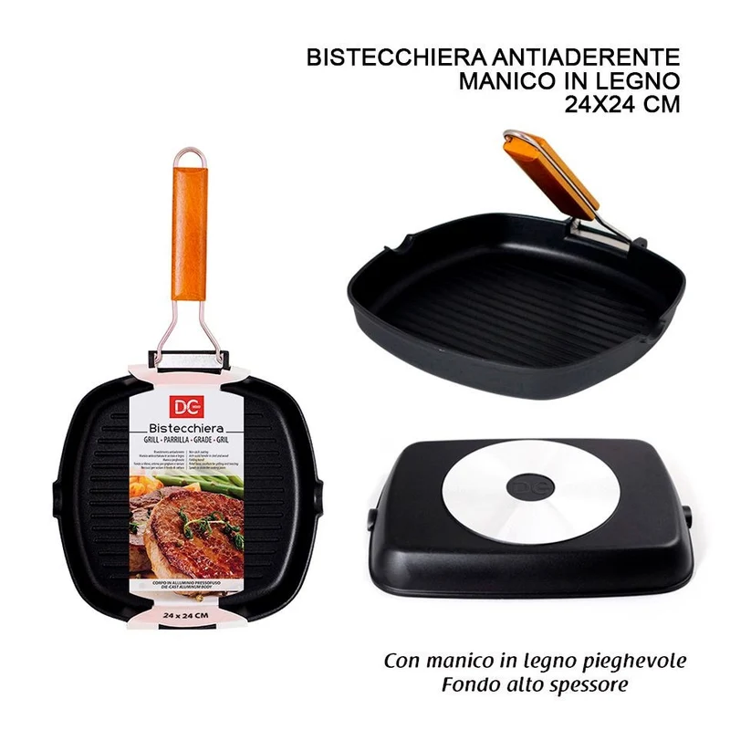 Dc Casa Bistecchiera Anti Aderente Manico Legno 24x24Cm