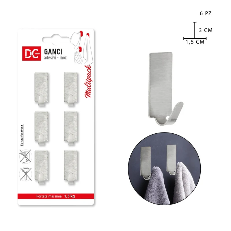 Dc Gancio Adesivo Inox P/0.5Kg 6Pz Rettangolar