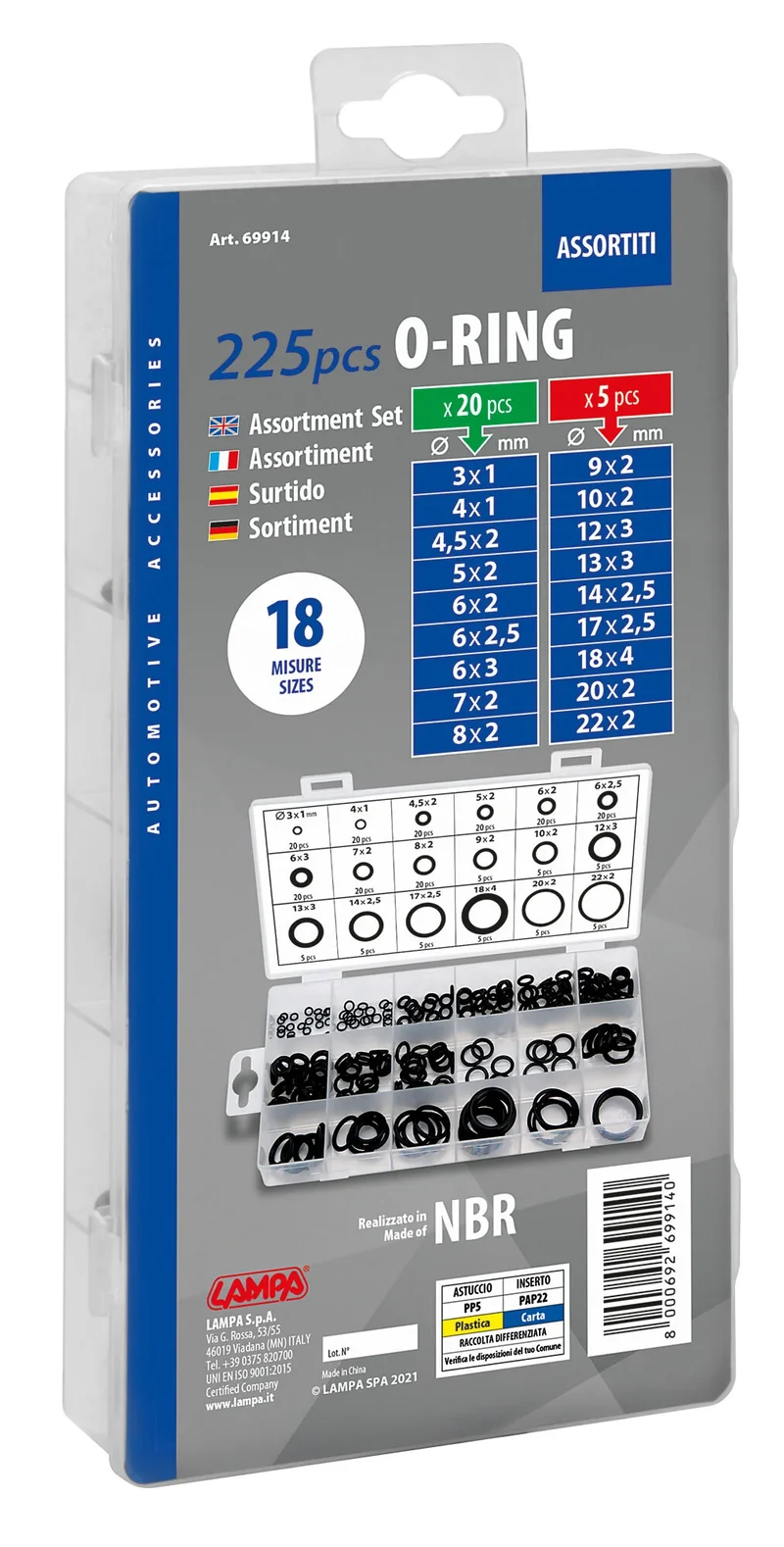 O-Ring, assortimento 225 pz, 18 misure