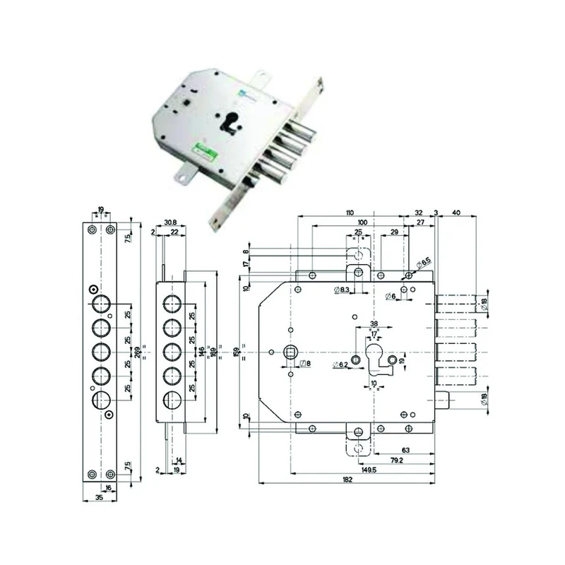 Serratura Triplice Infilare Con Scrocco Cil. Europeo Blindate 85735 - mm.63 SX (85735S)