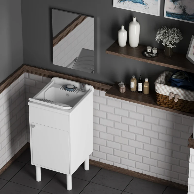 Composizione Lavanderia Negrari - Set Mobile Lavatoio in PVC 1 Anta e Specchio 45x60