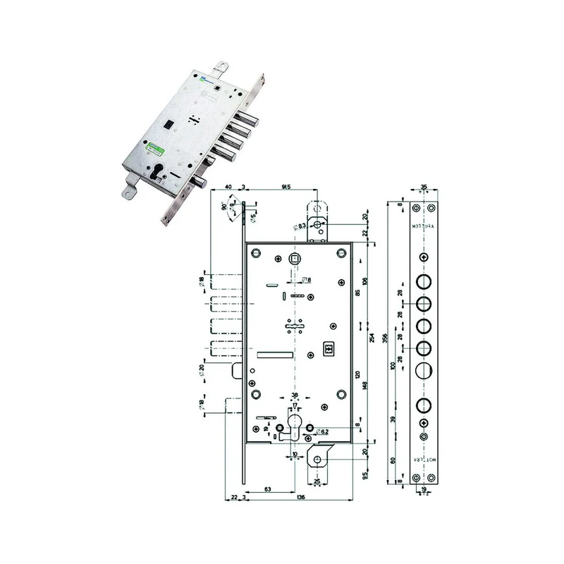 Serratura Triplice Infilare Con Scrocco Cil.Eu. + Dm Blindate 54797/28 - mm.63 DX (54797DL2836)