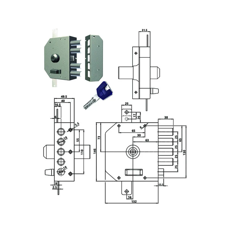 Serratura Triplice Applicare C/Scrocco A Pompa Ch. Piatta K55 3250K55 - cilindro 60 SX (3250K55)