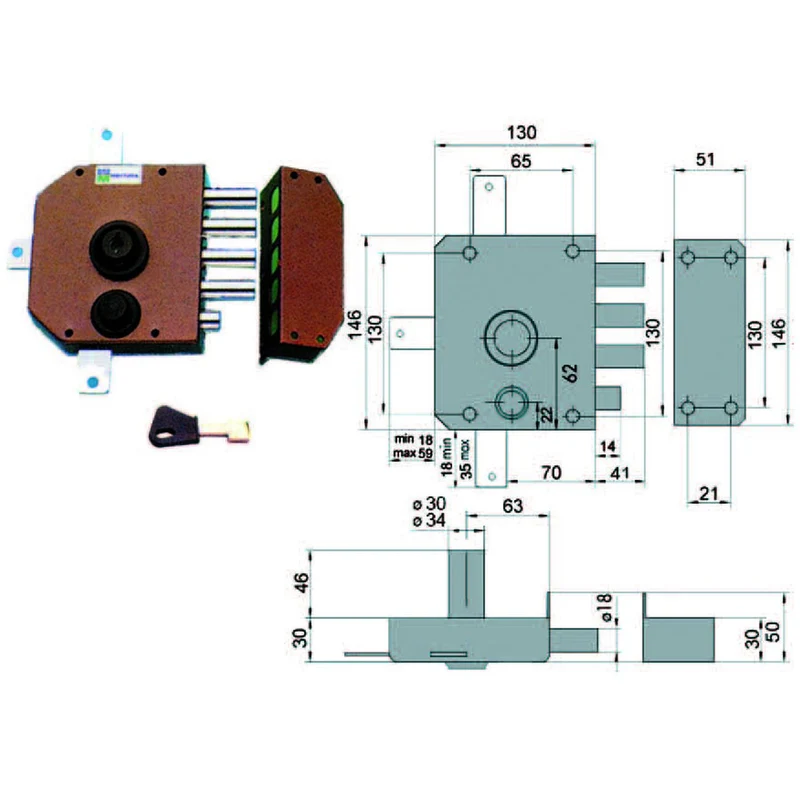 Serratura Quintuplice Da Applicare Con Scrocco A Pompa 30650 - mm.60 DX cilindro ø mm.30 (30650VD60JE)