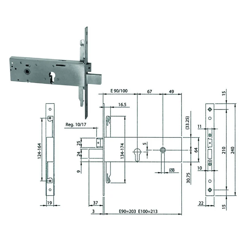 Serratura Da Infilare Triplice Con Cil. Europeo P/Fasce Mm.64 H 96312 - mm.100 (963120102)