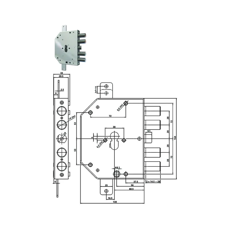 Serratura Triplice Applicare C/Scrocco Cil. Eu. Blindate 2155Pen-Bloc - mm.60 DX (2155PEN-01NCL)