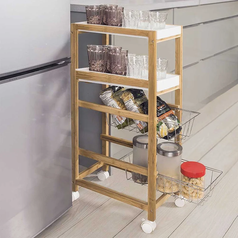 Carrello Cucina Slim Salvaspazio Legno Bambu 4 Ripiani 2 Vassoi 2 Cestelli Ruote