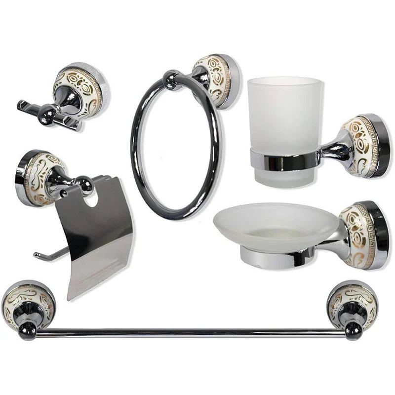 Set Bagno 6 pz acciaio lucido vetro satinato e ceramica