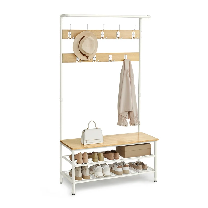 Appendiabiti, Grande Mobile da Ingresso con Panca, 9 Ganci, Scarpiera, Barra Attaccapanni, 41,5 x 100 x 182 cm