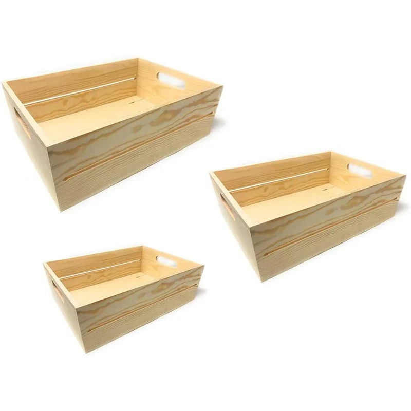 Set 3 cassette in legno multiuso con manici bordo alto per decoupage