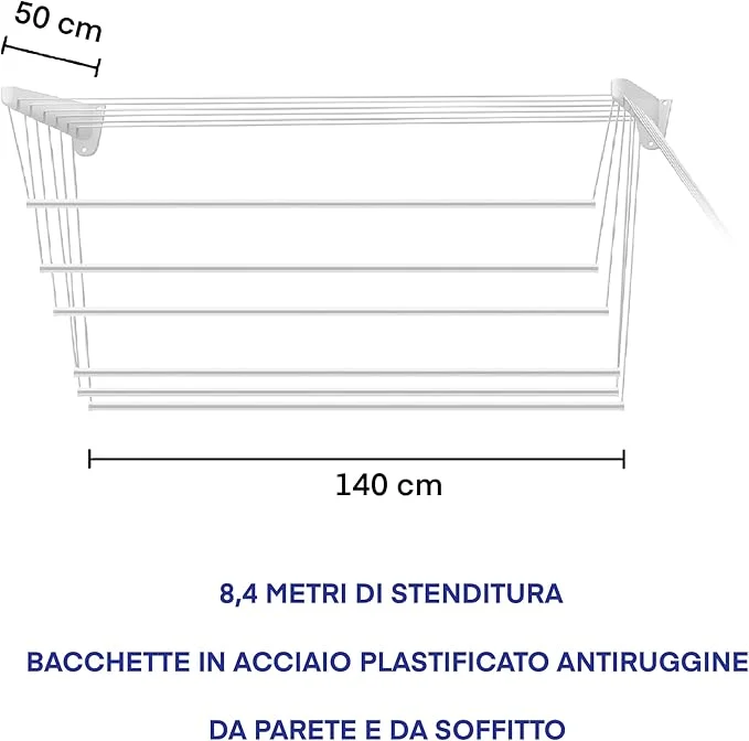 Stendibiancheria Saliscendi A Muro O Soffitto Salvaspazio Cm 140 Stendino Resina