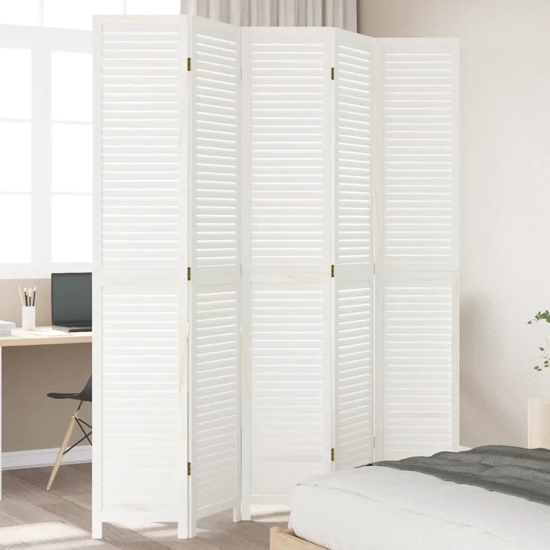 Divisorio Ambienti 5Pannelli Bianco Retrò Legno Massello di Paulownia 358840