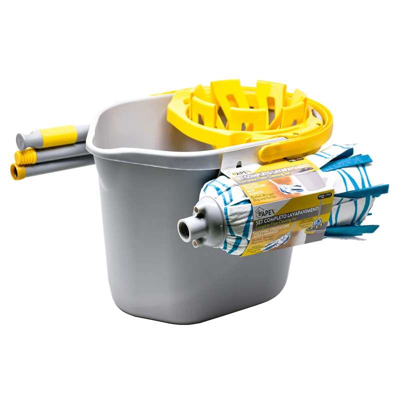 Set Mop Lavapavimenti Completo con Manico, Fiocco e Secchio 12lt con Strizzatore
