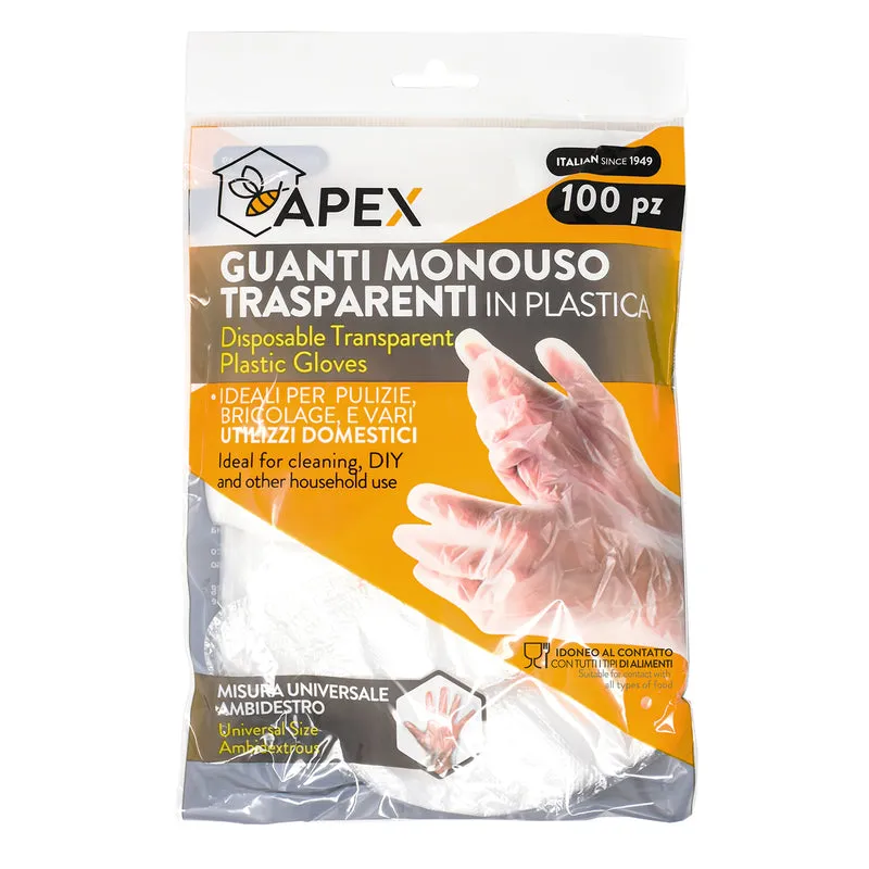 100 Guanti Monouso in plastica per alimenti Misura universale Apex