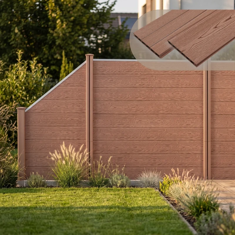 Recinzione in WPC per Giardino Staccionata da Elementi Inclinato e Rettangolari 183x973 cm Marrone NEU.HOLZ