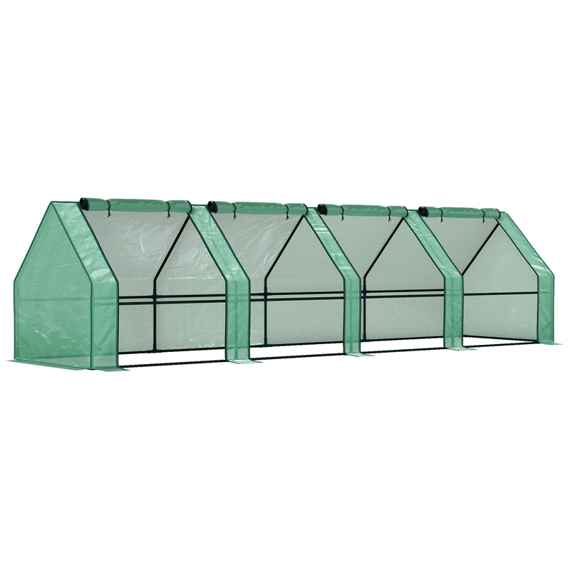 Mini Serra da Giardino 360x90x90 cm a 4 Porte Arrotolabili con Copertura Allungata in Acciaio e PE Verde