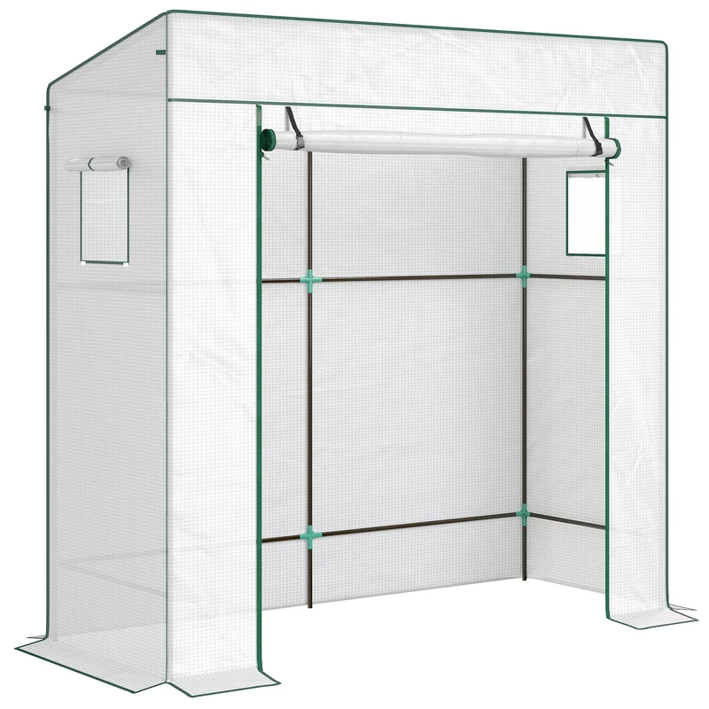 Serra per Piante 196x77x197 cm con 2 Finestre Laterali a Rete e Ingresso Avvolgibile in PE e Acciaio Bianco