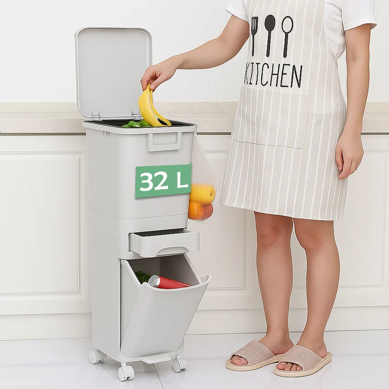 Pattumiera da Cucina per Raccolta Differenziata 2 Scomparti Capacità 32 L con Pedale e Ruote 26x36x84 cm in PP Bianco