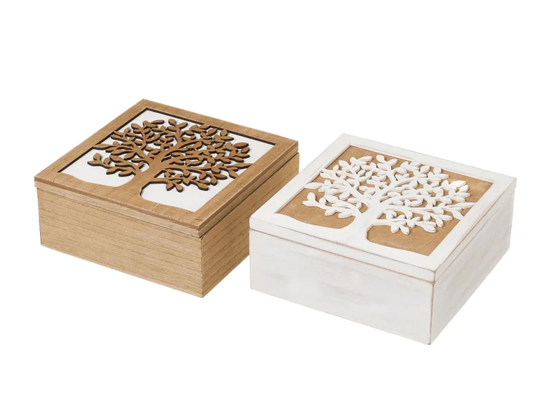 Scatola legno albero della vita naturale e bianco country 20x20x9 cm - Casaseleccion