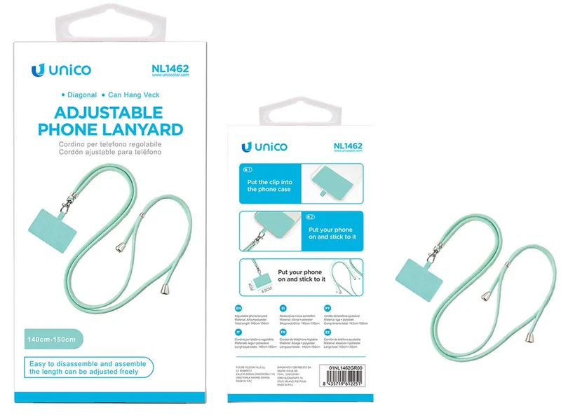 Cordino per cellulare regolabile in plastica e lega di zinco, 140-150cm, verde chiaro con fibbia singola