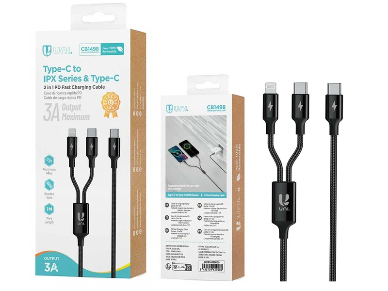 Cavo dati 3 in 1 usb-a a micro, type-c e lightning, 1.2m, 5a, treccia di nylon, nero