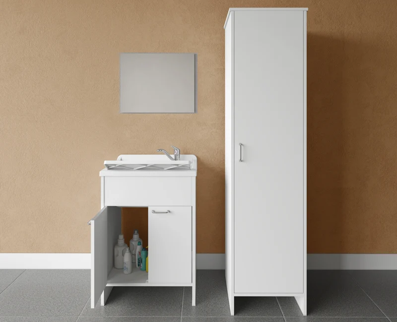 Composizione Lavanderia Negrari - Set 3 Pezzi: Lavatoio 2 Ante, Specchio e Colonna in PVC