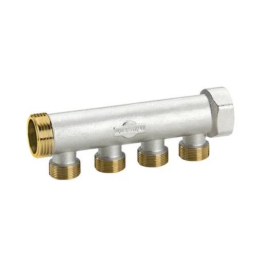 Collettore in ottone nichelato con derivazioni m 24x19 3/4 x 4 vie l. 157 mm