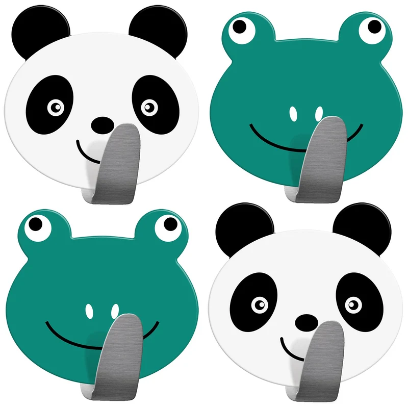 Tatkraft Team Confezione da 4 Ganci Autoadesivi per Bambini, Ideale per Asciugamani e Accappatoi in Acciaio Inossidabile, set di 2 Panda e 2 Rane
