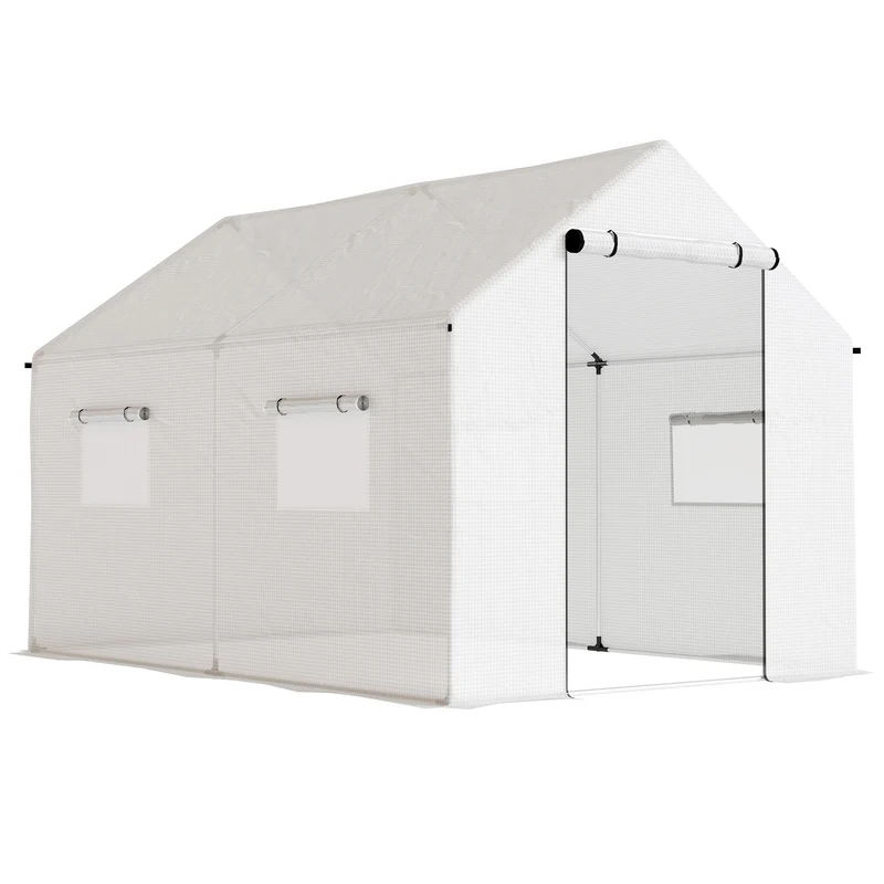 Serra a Tunnel 2x3x2 m con Porte e Finestre Avvolgibili e Tetto a Punta in Acciaio e PE Bianco