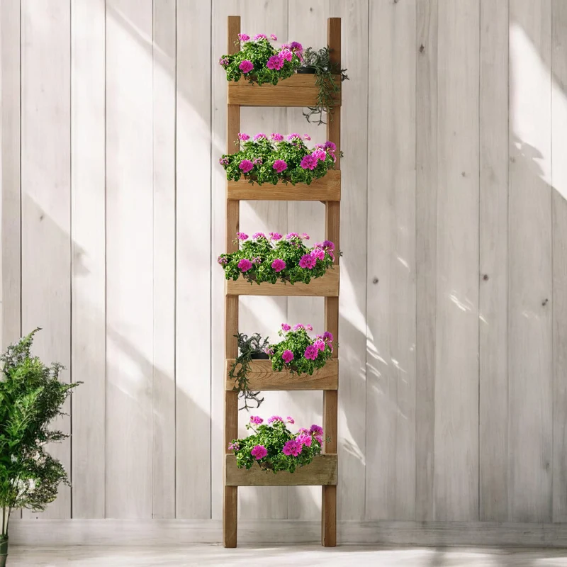 Fioriera verticale scala in legno riciclato 35x10xH170 cm fisso arredo giardino