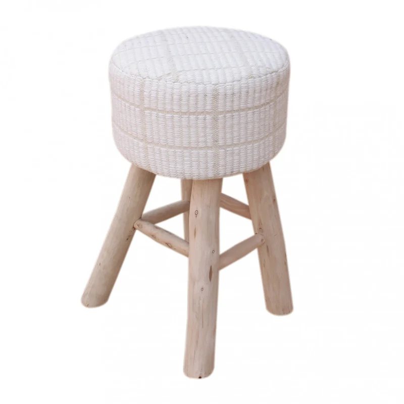 Sgabello bianco in legno e lana con seduta tonda 40x40xH70 cm