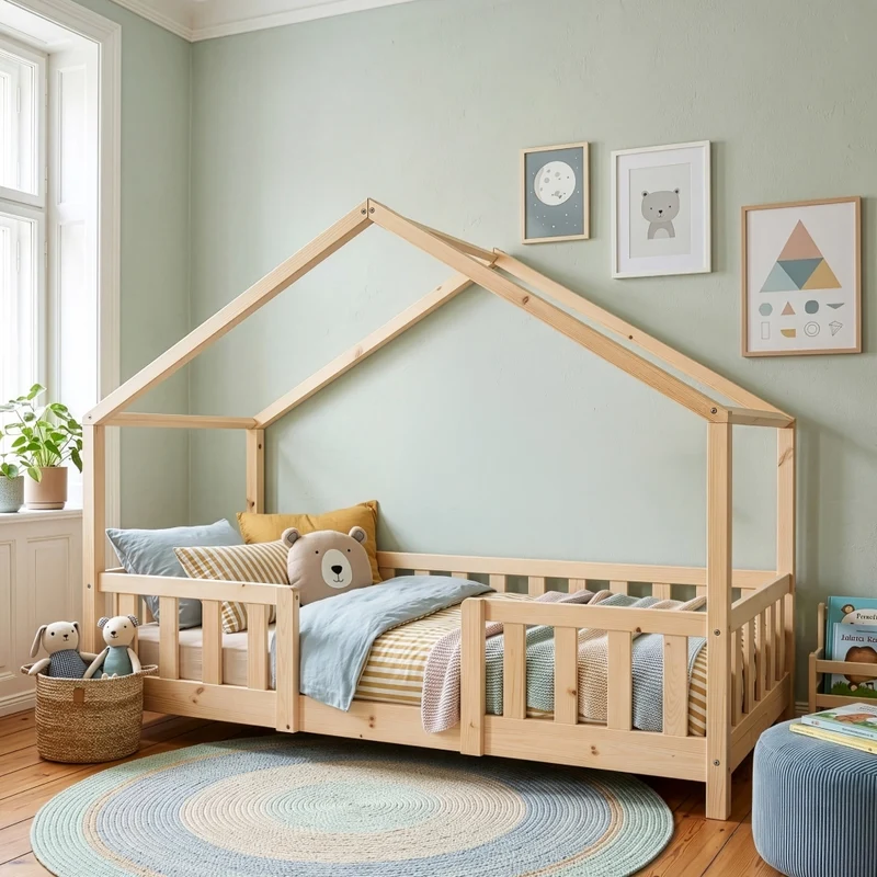 Letto per Cameretta Treviolo a Forma di Casetta in Stile Montessori con Materasso 80x160 cm - Color Naturale [en.casa]
