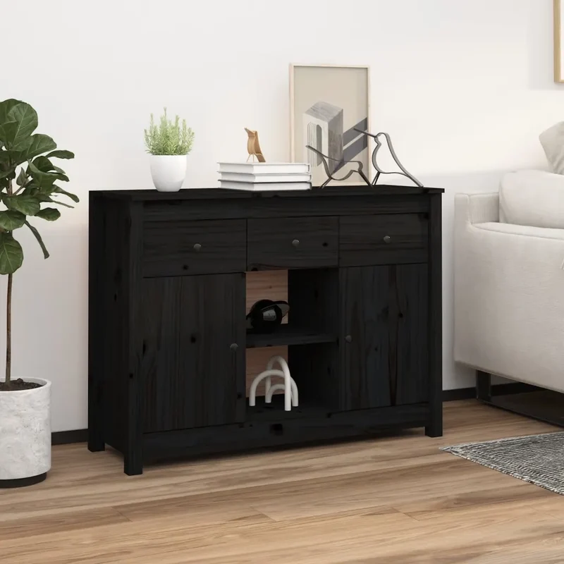 Credenza Nera 100x35x74,5 cm in Legno Massello di Pino 814553
