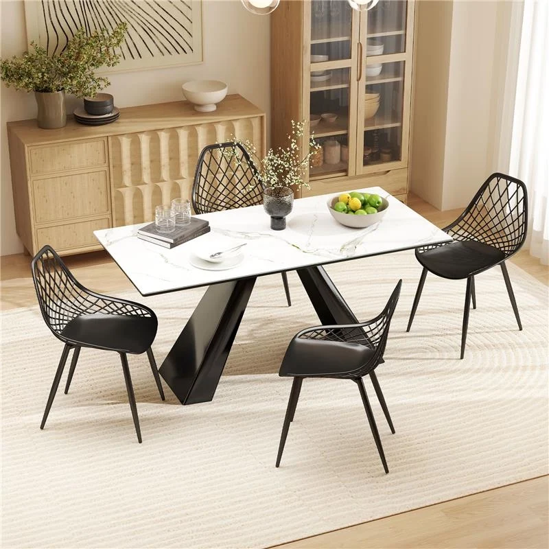 SET 4 SEDIE DA PRANZO MODERNE CON SCHIENALE TRAFORATO IN PLASTICA E GAMBE IN METALLO NERO