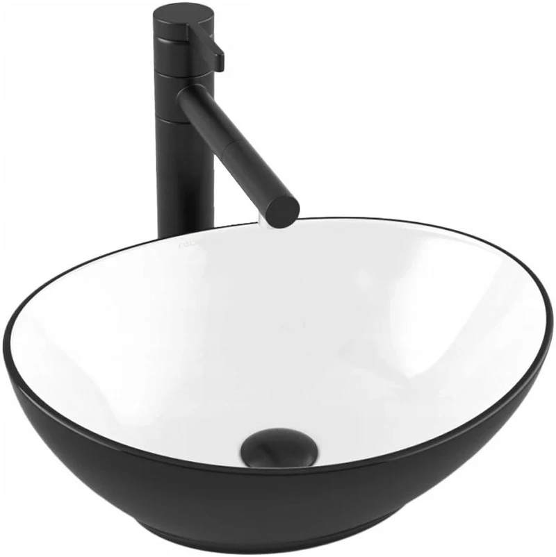 Lavabo ovale da appoggio in ceramica nero opaco e bianco